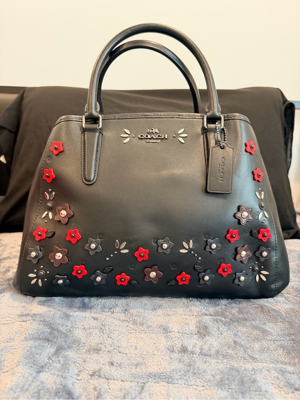 Coach Black Leather Floral Appliqué Satchel